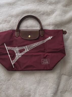 Longchamp Le Pliage Burgundy Tote Bag with Brown Leather Trim Limited Edition